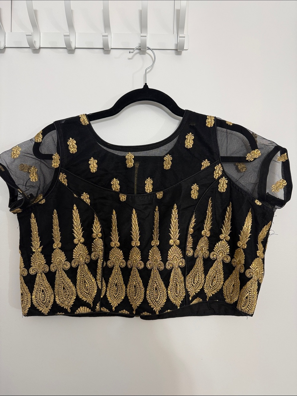 Indian Saree / Lehnga Blouse- Black & Gold Embroidered Women's Crop Top